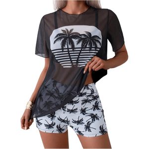 Traje de baño de 3 piezas para mujer con estampado de árboles, bikini de cintura alta con camiseta de malla y pantalones cortos - Product Image 1