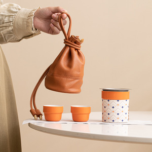 Modern Gongfu Tea <b>Set</b> with Portable Leather Bag Unique Small Ceramic <b>Teapot</b> with Stainless Steel Tea Infuser - Product Image 4