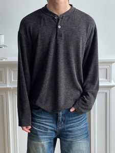 T-shirt à manches longues décontracté pour hommes, fil tricoté 100% <span class=keywords><strong>coton</strong></span>, doux, cireux, élastique, anti-boulochage, coupe ample, court, large et vieux - Product Image 2