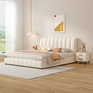 Lit rembourré double couleur crème pour chambre principale, lit de luxe pour mariage, mobilier de maison - Product Image 1