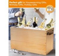 Grand seau à glace pour champagne et vin 20L, refroidisseur de boissons en bois avec doublure isolante et poignées en cuir pour fêtes et événements en plein air