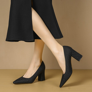 Escarpins à talon carré et bout pointu pour femme 7288M, en textile uni, style coréen, à enfiler, chaussures à talons hauts tendance toutes saisons - Product Image 3