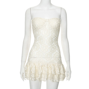 Nouvelles robes d'été pour femmes, couleur unie, smockées, dentelle transparente, taille haute, vente en gros, mode - Product Image 5