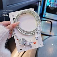 Funda Protectora de Silicona para Cargador con Diseño de Lazo Brillante Plateado con Diamantes para iPhone, Cable USB de 20W, Cabezal de Carga