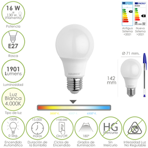 Lampadina LED standard E27 a innesto. 16 Watt. Equivalente a 130 Watt. 1901 Lumen. Luce bianca 4000K. - Product Image 1
