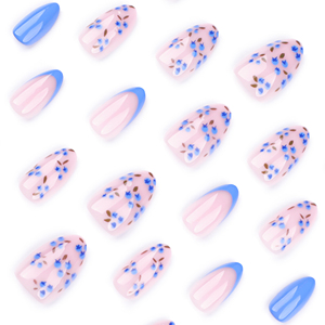 Juego de 24 <span class=keywords><strong>Uñas</strong></span> Acrílicas 3711 con Diseño Floral Azul y <span class=keywords><strong>Rosa</strong></span>, con Puntas Doradas, <span class=keywords><strong>Uñas</strong></span> Postizas Cortas con Forma de Almendra, <span class=keywords><strong>Uñas</strong></span> Francesas - Product Image 4