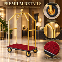 Diamantförmiger Gepäckwagen mit Spiegel, Goldfinish, Edelstahl, Roter Teppich-Plattform, 8 Zoll Geräuschlose Räder, für Hotellobby-Nutzung