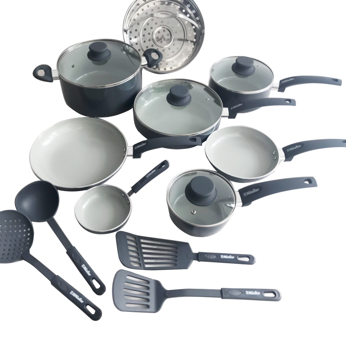 16pcs Light Grey Aluminum Nonstick Cookware Set with Cooking Tools Modern Design Eco-Friendly Multifunctional Metal Kitchenware · image 2