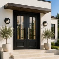 Porte d'entrée antivol en acier noir mat, double battant, avec grilles en verre transparent et poignées en laiton, style Urbain Chic, pour centre commercial et résidence architecturale