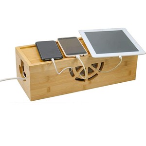 Caja de almacenamiento de bambú para la gestión de cables de escritorio con estación de carga para teléfonos y tabletas - Product Image 1