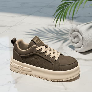 <span class=keywords><strong>Sneakers</strong></span> da <span class=keywords><strong>Uomo</strong></span> con Suola Spessa in Pelle con Motivo Goffrato Retrò, Marrone Beige, Allacciatura Streetwear - Product Image 1