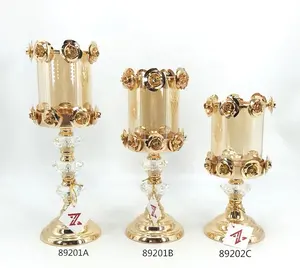 厂家批发金色烛台，带金属玫瑰花水晶架烛台，用于家居装饰
