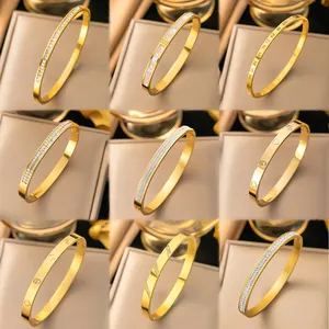 Di alta qualità in acciaio inox 18K oro geometrico zircone esagerazione C a forma di foglie di bambù diamante braccialetto cavo per le donne regalo