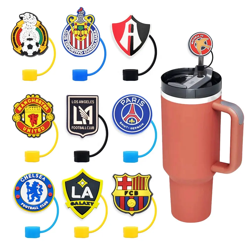 Wholesale 10mm Silicone football soccer club team logo straw topper cover charms cap for tumblers now