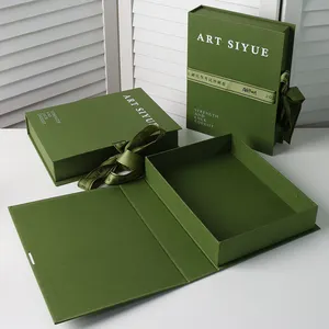 Desenho de luxo caixa de presente de papelão com fita para livro com logotipo personalizado verde