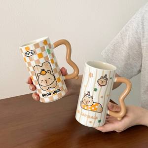 Cute Kapibala <b>Ceramic</b> <b>Mug</b> With Handle Cartoon Pattern Polka Dot Striped Checkered Design For Coffee Tea Breakfast Gift - Product Image 1