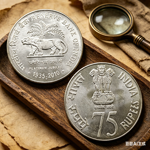 2010 India 75 Rupees Platinum Jubilee of RBI Koin Peringatan Gaya Antik, Hadiah, Dekorasi Rumah - Product Image 2