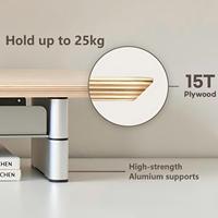 Support double moniteur robuste en bois massif avec pieds en aluminium réglables en hauteur, tiroir réversible et étagère de rangement de bureau