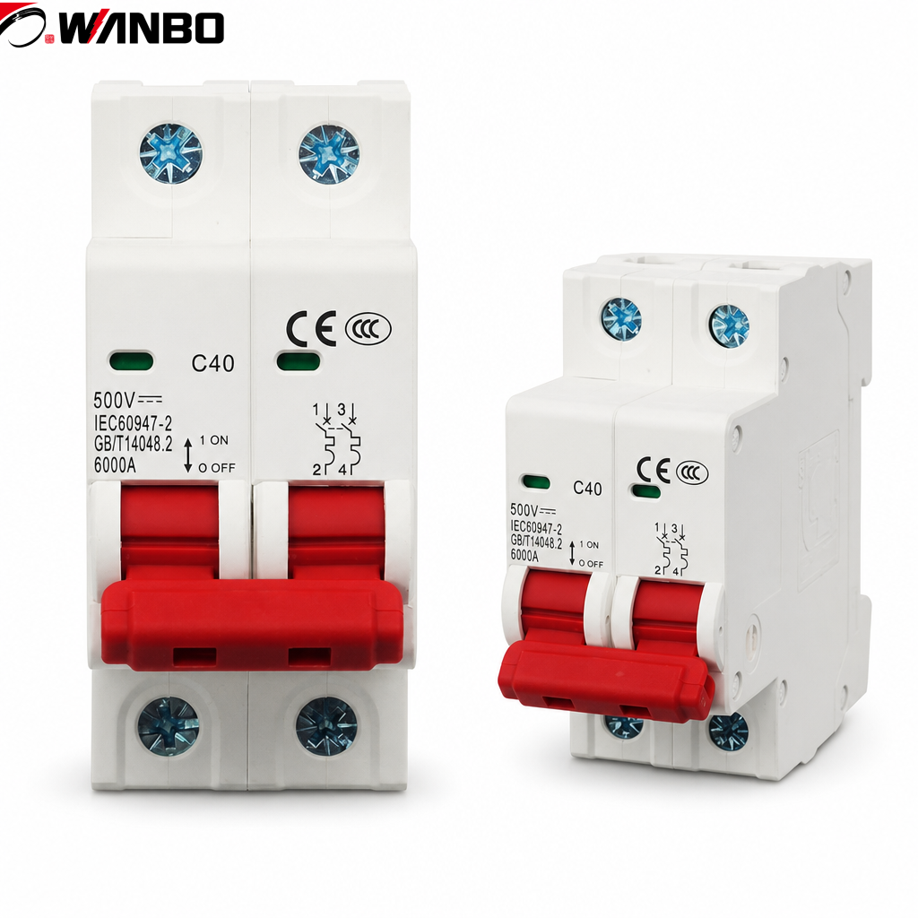 Wanbo-5012P 500V 1000V DC 6kA Red Handle Green LED CCC CE Solar PV DIN Rail DC Miniature Circuit Breaker · image 1