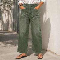 Jeans pour femmes, taille haute, vert olive, cargo, jambes larges, denim vintage lavé, multi-poches