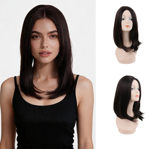 Perruque synthétique bob mi-longue marron foncé uni, raie naturelle au milieu, en fibre haute température, avec bonnet en maille élastique pour femme - Product Image 1