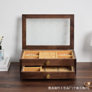 Wood Jewelry <b>Box</b> 24X16.5X8Cm With <b>Glass</b> Top And Dual Drawers For Storage - Product Image 5