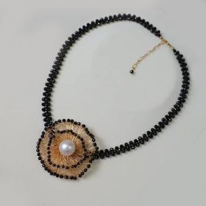 Handwoven <b>Choker</b> Necklace 14K Gold Filled, 11-12mm High Luster Natural Edison Pearl, Heavy Craft Black Spinel Statement Necklace - Product Image 1