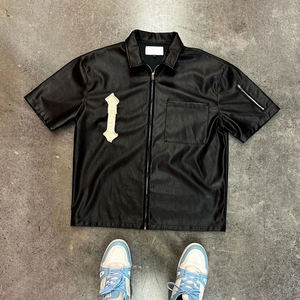 Özel Vintage sıkıntılı aplike nakış Pu deri gömlek yüksek kalite kısa kollu Hip Hop Pu deri gömlek erkekler için - Product Image 2
