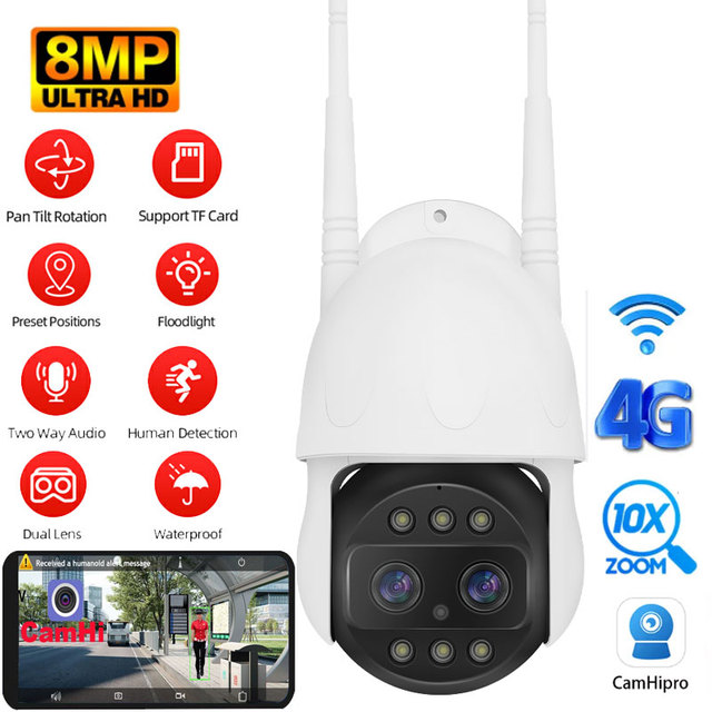 Camhi 4MP 8MP Mini Metal IP65 Waterproof PTZ Dome Camera 4G/2.4G/5G WiFi Wireless 10X Optical Zoom 40m Night Vision CMOS SD Card
