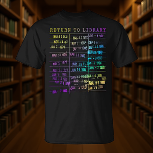 Camiseta con estampado de arcoíris y la frase: Regresa a la biblioteca, tarjeta de biblioteca, fecha de devolución del libro - Product Image 3