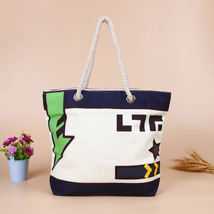 Sacs à provisions en coton personnalisé avec poignée en corde de grande capacité, fourre-tout de plage en toile de coton à rayures de Style vacances, vente en gros - Product Image 5