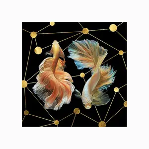 Golden Fishes Crystal Porcelain Painting Light Luxury Style Glossy Fishes Black Framed Acrylic Wall Art For Background