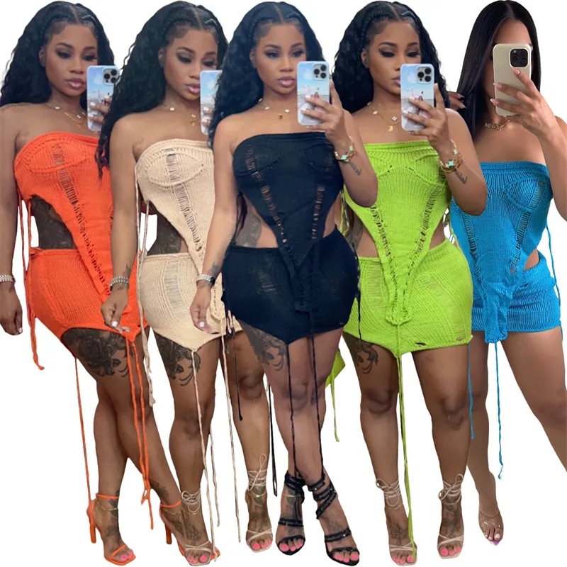 Ladies vacation holiday crochet set donna beach wear abbigliamento 2 pezzi crop tube top e minigonna set vestito sexy per le donne