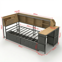 Lit Moderne Minimaliste Extensible Multifonctionnel avec Panneau de Rangement, Étagères et Tiroirs, Bureau d'Étude Compact pour Chambre à Coucher, en Métal et Bois