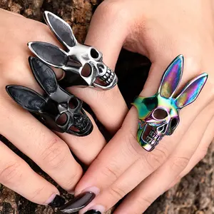 Hot Punk Gothic Jewelry Stainless Steel Rainbow Color Zodiac Animal Rabbit Skull Punk Ring