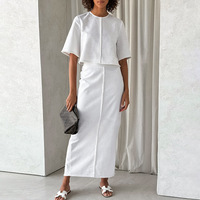 Ensemble deux pièces pour femmes, style français d'été, haut décontracté ample en coton et lin à manches courtes et robe longue à empiècements