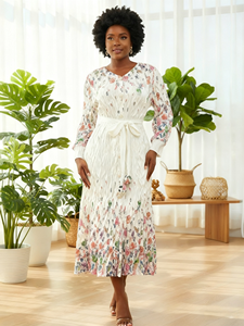 Robe élégante décontractée grande taille pour femme <span class=keywords><strong>Miyaki</strong></span>, ceinture, vente en gros 2025, col en V, manches lanternes, imprimé floral, robe plissée avec - Product Image 4