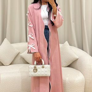 2024 grosir pakaian Linen Islami Cardigan Abaya terbuka dengan ikatan simpul pakaian wanita Abaya gaun Muslim wanita - Product Image 1