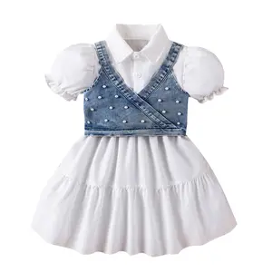 2024 छोटी लड़की की छोटी बाजू वाली सफेद पफ रफ़ल ड्रेस पर्ल डेनिम वेस्ट पैचवर्क फ्रॉक के साथ 4-7 साल