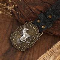 Ceinture américaine en cuir PU à motif herbe Tang, tête de cheval et tête de veau embossées, boucle lisse en alliage, longueur réglable