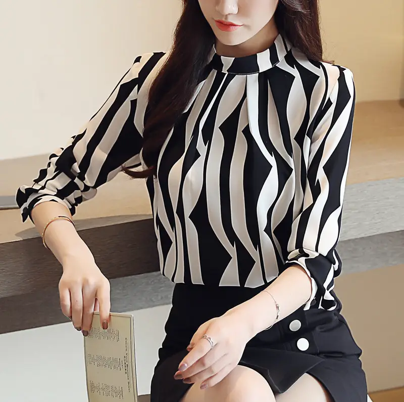Fashion Woman Blouses 2022 Black White Striped Chiffon Blouse Women Tops Long Sleeve Women Shirts