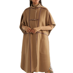 Haute qualité longue kaki élégant garnis de Cuir en mélange de laine cape pour dames - Product Image 1