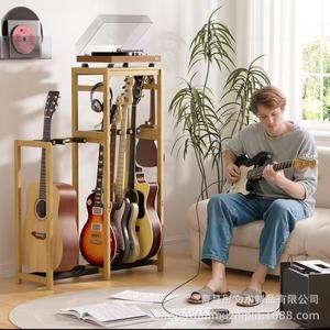 Soporte de guitarra de madera maciza, estante para instrumentos de 3 niveles, para almacenamiento de bajo eléctrico acústico, ukelele, con gancho para auriculares - Product Image 3