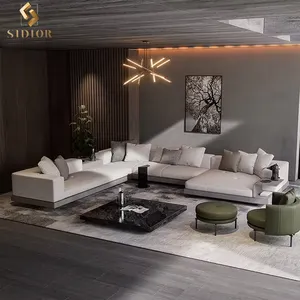 Juego de sofás italianos seccionales largos modernos sofás minimalistas en forma de L de color gris claro para el hogar de lujo