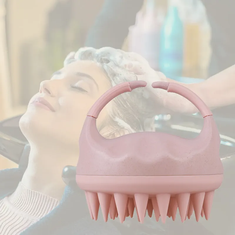 Cepillo de champú para el cabello fácil de tomar Juego de Peine masajeador de cabello de silicona Forma redonda rosa