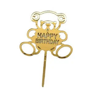 Boneka Beruang Selamat Ulang Tahun Kue Topper Akrilik Emas Cermin Kue Topper Anak Pesta Ulang Tahun Tema Kue Dekorasi