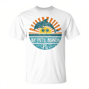 T-shirt vintage avec motif de dauphin et de coucher de soleil, représentant une scène de plage de Saint-Pétersbourg, en Floride, pour adultes, unisexe, manches courtes, col rond, en coton - Product Image 3