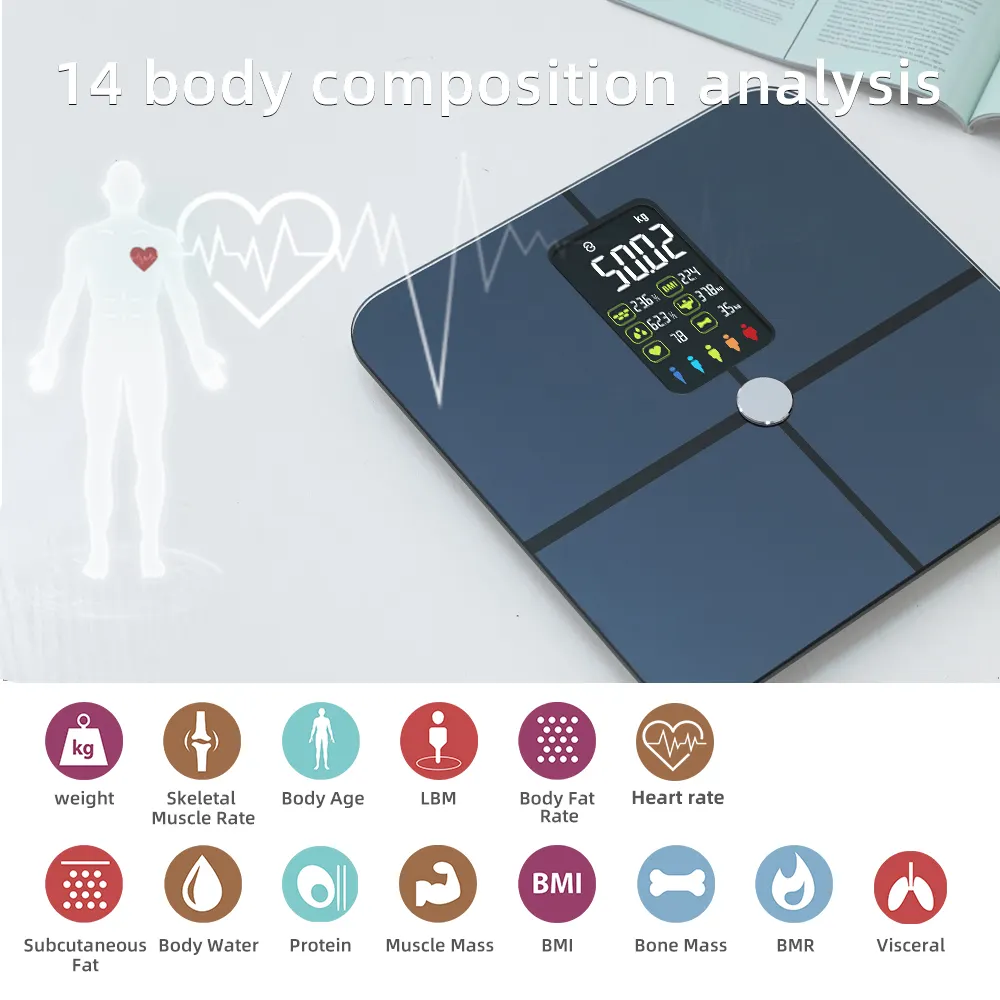 شاشة VA مقياس الدهون في الجسم مع التطبيق المجاني تغيير سجل تحليل الجسم الذكية مقياس الدهون في الجسم الوزن مقياس