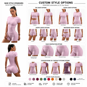 Ensemble de sport 2 pièces personnalisé avec logo pour femme : haut court de gym à manches courtes et short taille haute avec poches, tenue de yoga et de course - Product Image 4