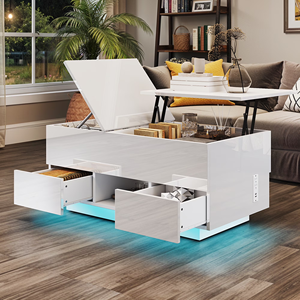 <span class=keywords><strong>Table</strong></span> <span class=keywords><strong>basse</strong></span> blanche relevable avec tiroirs et éclairage LED, finition brillante, avec prises électriques pour salon - Product Image 2